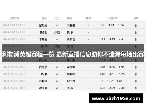 利物浦英超赛程一览 最新直播信息助你不遗漏每场比赛 利物浦英超赛程一览 最新直播信息助你不遗漏每场比赛